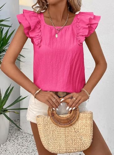 Image of Falechay Womens Bow Tie Back Tops Round Neck Ruffle Short Sleeve Shirts Cute Babydoll Chiffon Tee Women Summer Trendy Tunic