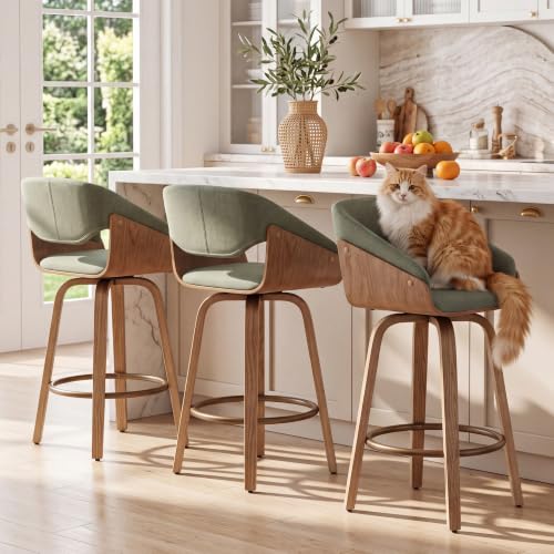Image of HNY 26 inch Swivel Bar Stool Set of 1, Green Linen Counter Height Barstool | 360 Swivel Bar Height Stools, Barrel Backrest, Solid Wood Frame, Round Footrest, Counter Stools for Kitchen Island, Home Bar