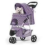 MoNiBloom 3 Wheels Pet Dog Cat Stroller for Small Medium Dogs Cats, Foldable Jogger Stroller w/Storage Basket and Cup Holder, Purple Polka Dots