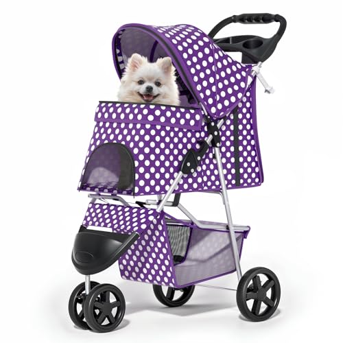 Image of MoNiBloom 3 Wheels Pet Dog Cat Stroller for Small Medium Dogs Cats, Foldable Jogger Stroller w /Storage Basket and Cup Holder, Purple Polka Dots