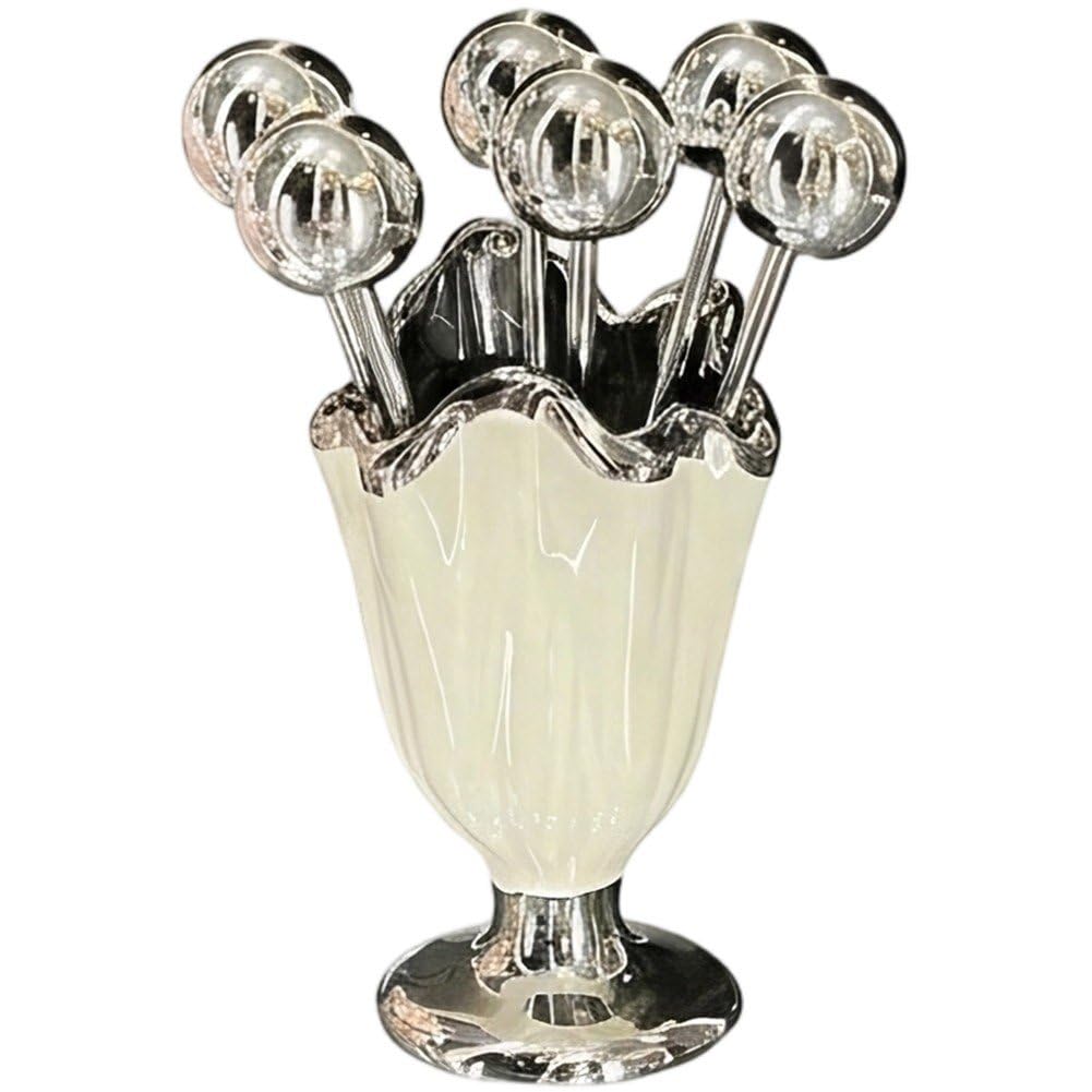 Hrippy 6 Pcs Stainless Steel Fruit Fork with Holder, Dessert Picks Tableware Set for Home Dessert Snack Serving Storage