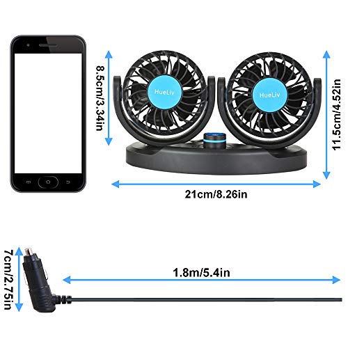 Car Fan 12V, Electric Car Cooling Fan with 360 Degree Adjustable Dual Head That Plugs into Cigarette Lighter/Low Noise Automobile Vehicle Fan for Car Truck Van SUV RV Boat