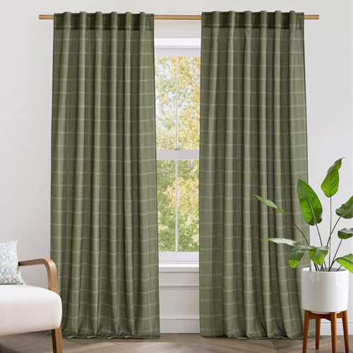 NICETOWN Linen Plaid Curtains Modern Window Panels Moss...