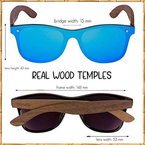 WOODIES Polarized Walnut Wood Flat Mirror Sunglasses for Men and Women | Blue Polarized Lenses and Real Wooden Frame | 100% UVA/UVB Ray Protection