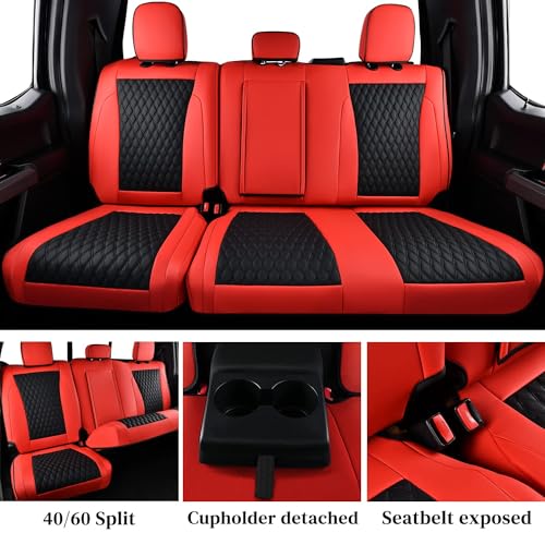 Image of Coverado F250 Car Seat Covers Full Set, Leather Waterproof Automotive Seat Covers for Cars, SUVs, Pickup Trucks, Fits 2015-2026 F150 SuperCrew, 2017-2026 F250 F350 F450 Crew Cab, Red