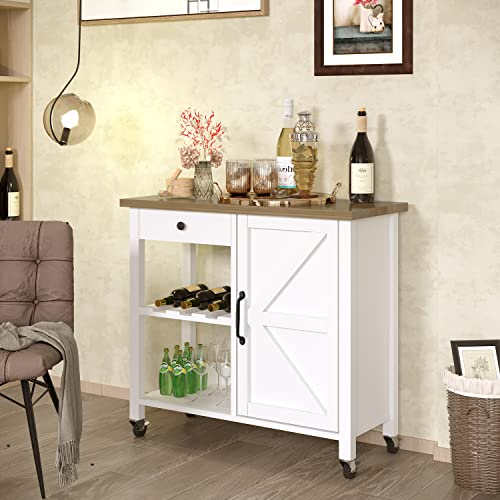 4 EVER WINNER Farmhouse Kitchen Island on Wheels Barn Door Kitchen Island with Storage Drawers Island for Kitchen Serving Trolley with Wooden Countertop Adjustable Shelf Lockable Wheels, White