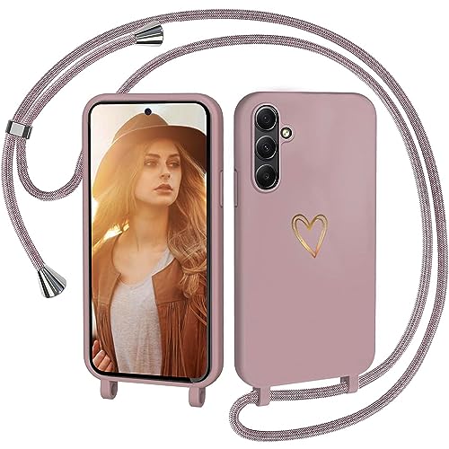 CaseLover Coque avec Cordon pour Samsung Galaxy A34 5G, Coque de Cellulaire Corde Silicone Étui en Motif Coeur avec Réglable Collier Téléphone Chaîne...