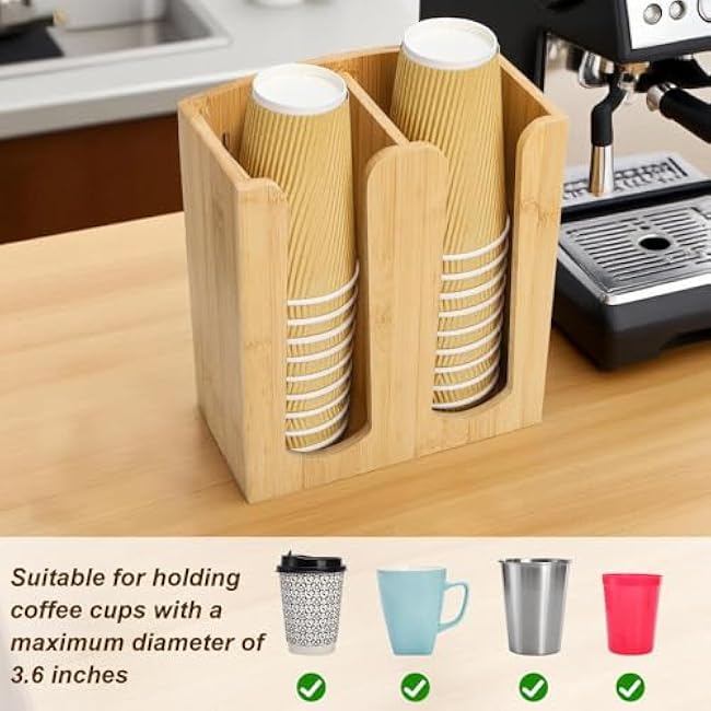 Suwimut 2 Pack Bamboo Coffee Cup and Lid Storage Organizer Holder, 2 Compartments Disposable Paper Cup Dispenser, Cups and Lids Organizer for Kitchen Countertop Coffee Bar
