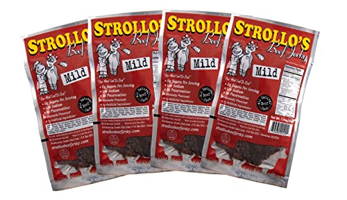 Strollo’s Beef Jerky Snack Packs - Mild 4 Pack - 1.5 oz Each - Low Carb, Zero Sugar, Low Fat - All Natural USA Beef - USDA Certified - High Protein Smoked Meat Snack - Tender & Flavorful