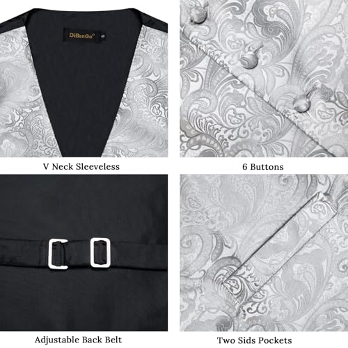 Image of DiBanGu Mens Paisley Suit Waistcoat,Silk Dress Vest and Bowtie Pocket Square Cufflinks with Lapel Pin Set for Wedding Tuxedo