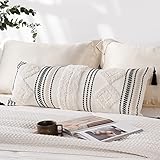 CladuSoft Decorative Lumbar Pillow Cover 14X36inch, Boho Pillow Cover for Bed, Textured Cotton Body Pillow Cover, Bohemian Woven Lumbar Pillow Cover for Couch (Black White)