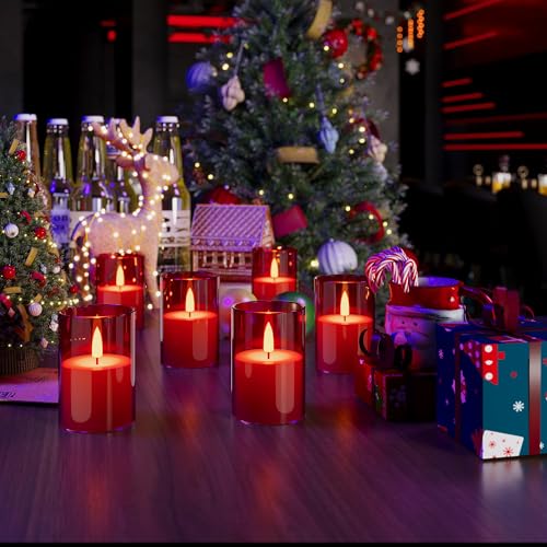 Image of 12Pack Flameless LED Candles with Timer, Battery Operated, Red, 2 inchx3 inch | Small Pillar & Votive Candle with Realistic Flickering Warm Glow for Centerpieces, Wedding Tables, Holiday, and Home Decor