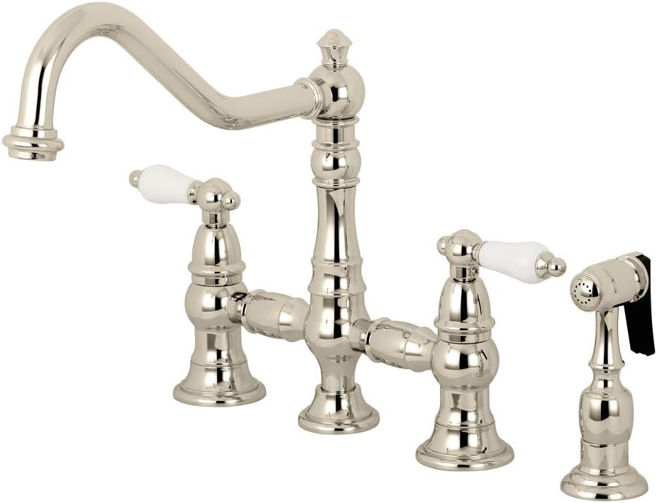 Limited Stock Kingston Brass KS3276PLBS Restoration Bridge Kitchen Faucet, Polished Nickel
