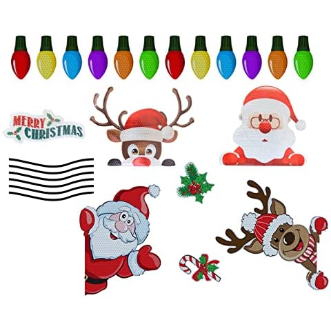 Plcnn 25Pcs Christmas Car Decorations Magnets and Decals Christmas Car Refrigerator Decorations Santa Claus and Elk Colorful Bulb Light Reflective Stickers Cover