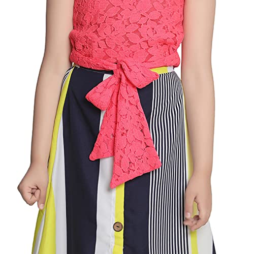 Image of LILPICKS Girls' Polyester Net Knot Top with Striped Maxi Skirt Set (Neon Pink and Multicolor)