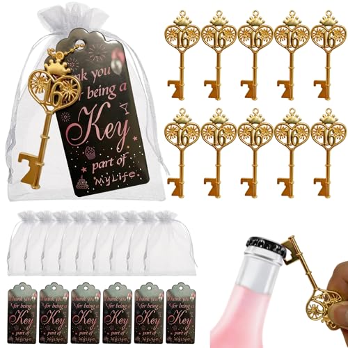 16th Birthday Party Favors – 24pcs Gold Key Bottle Openers with Thank You Cards & Organza Bags, 16th Anniversary Souvenirs Return Gifts for Guests, Beer Bottle Opener Party Supplies
