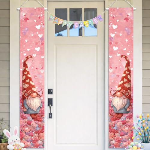 Porch Door Sign Banner 11.81×70.87 inch Pink Gnome Heart Theme Vertical Banner with Romantic Elements Decorative Hanging Banner for Front Porch Door Seasonal Entry Decoration