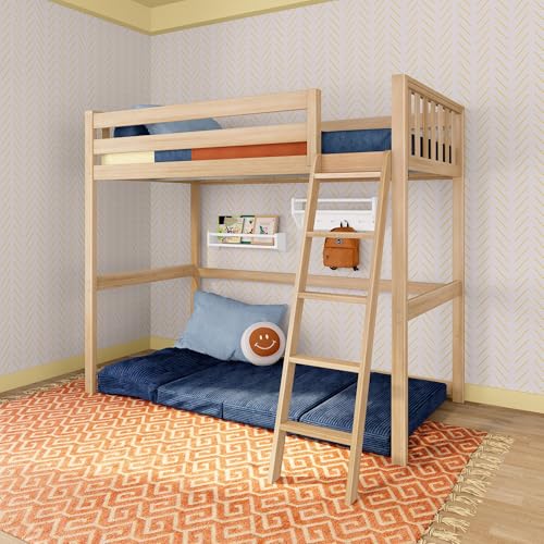 Image of Max & Lily Scandinavian Twin Loft Bed - Modern Solid Wood Kids' High Loft with 14 inch Guard Rails, Angled Ladder with Anti-Slip setps, 400-lb Capacity, Easy Assembly, Blonde