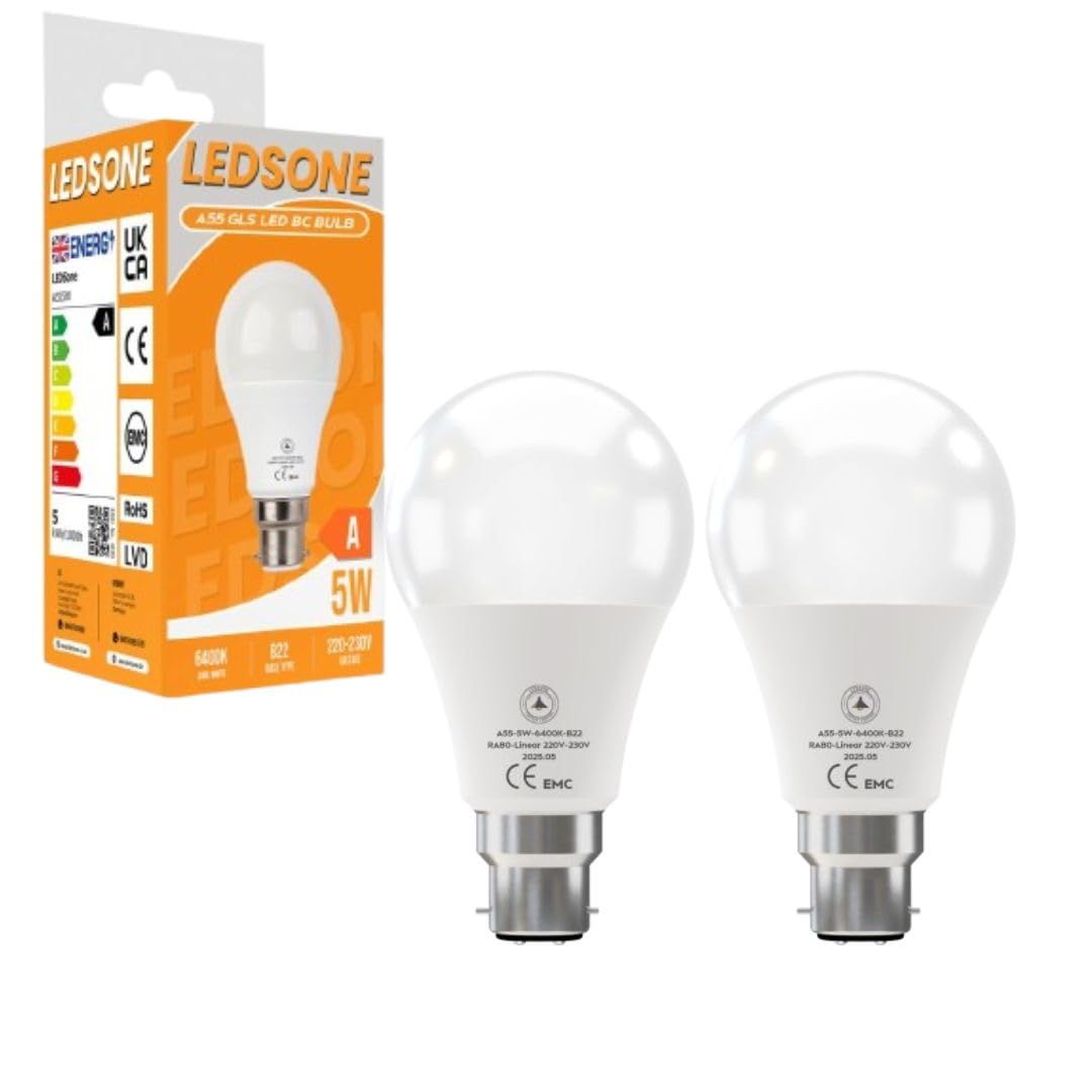 Pack 2 | LED Bayonet A55 Non-Dimmable 5W 6400K Cool White BC B22 Base