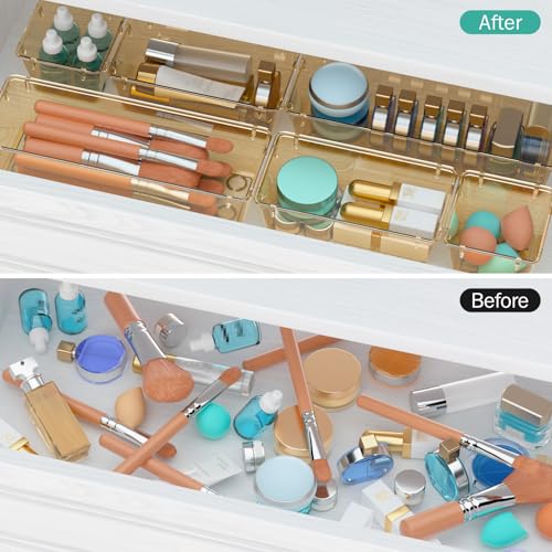 Image of WOWBOX 6 Pack Clear Drawer Organizer Set, Acrylic Drawer Storage Trays, Storage Bins for Makeup, Cosmetics, Jewelries, Utensils, Gadgets, Office, Champagne