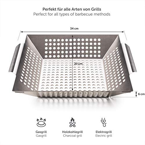 Foto von Blumtal Grillschale aus 100% Edelstahl - perfekt für Grillgemüse, Grillkorb geeignet für alle Grillarten, Grillzubehör, Spülmaschinengeeignet, 29,5 x 29,5 x 6 cm (Large)