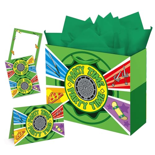 QUANZHOU SOULMAN TRADE CO. LTD 13 Large Green Turtle Theme Party Bag Include 3pcs Tissue Paper and One Greeting Card Birthday Party Supplies Party Present Wrapping
