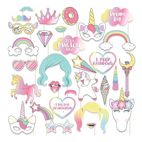 KASESSS 29 Piezas Unicornio Foto Booth Props, Photocall Cumpleaños, Accesorios Photocall, photocall de Graduacion Decoración para Boda, Cumpleaños, Decoración de Fiesta, Colorido DIY Accesorios