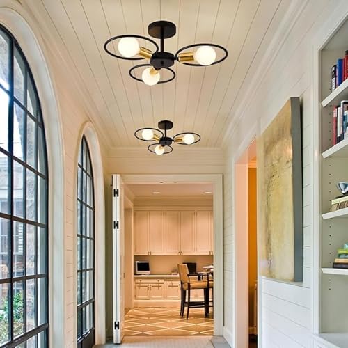 Image of SINOMAN Metal Modern Ceiling Light Fixture 3- Wheel Light Semi Flush Mount Black Finish, Industrial Round Cage Design, E27 Base for Living Room, Bedroom, Dining Room and Home Decor (with Bulb)
