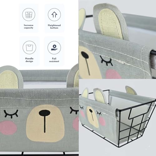 Image of Go Hooked Cute Grey Bear Design Storage Basket for Kids | Strong Metal Wire Organizer with Detachable Fabric Liner | Multipurpose Basket for Toys, Fruits, Snacks, Bathroom, Wardrobe & Home Decor