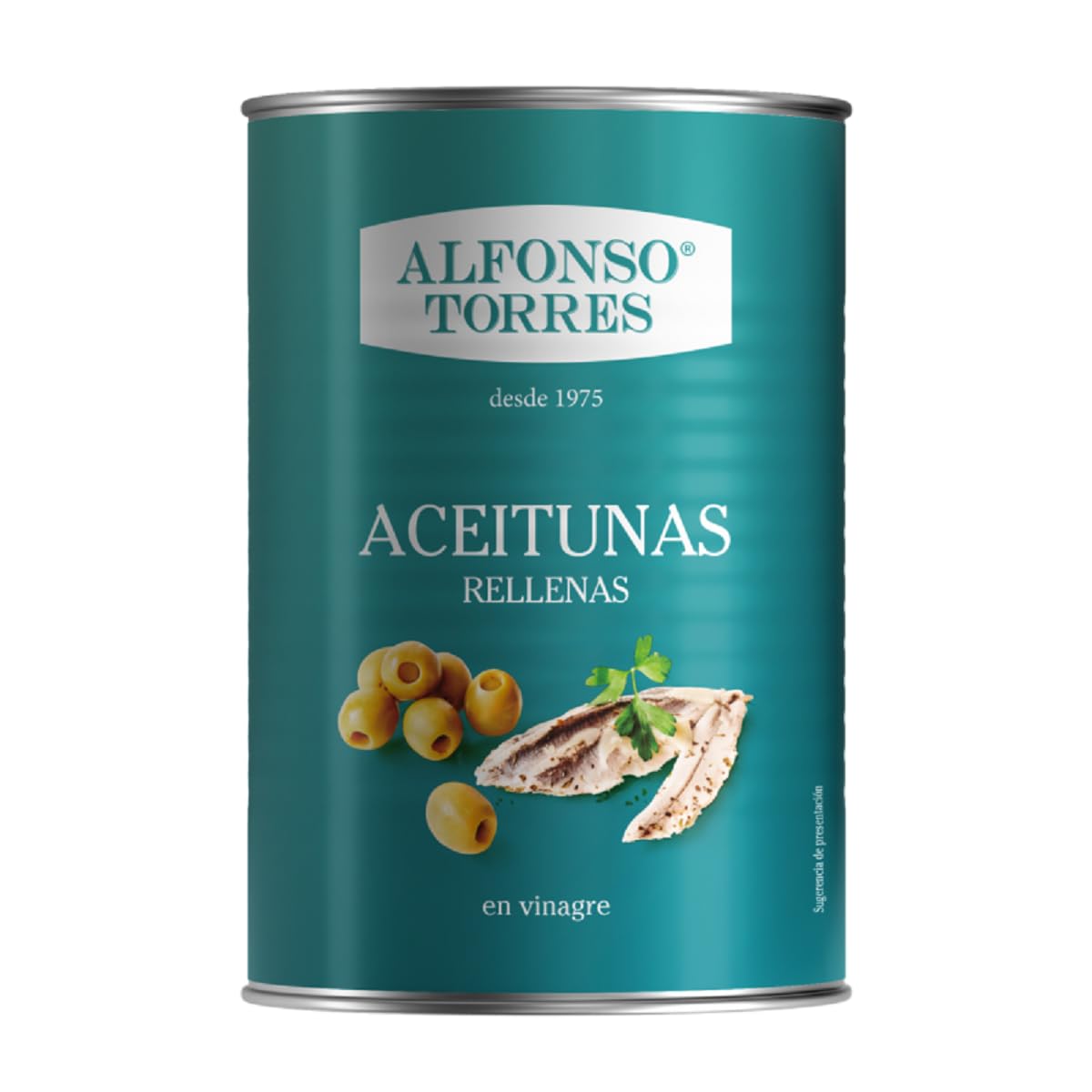 Aceitunas verdes seleccionadas rellenas de delicioso boquerón en vinagre, peso neto 350 gramos, escurrido 150 gramos, calidad gourmet, sabor excepcional. Alfonso Torres.