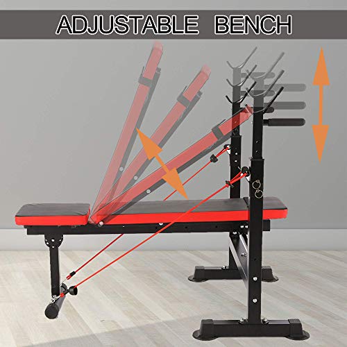 Adjustable Folding Weight Bench, Strength Training Bench for Full Body Workout, Fitness Barbell Rack and Weight Bench for Home Gym (Red)
