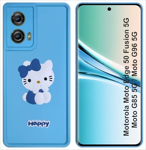 Image of Silicone Back Cover Case for Motorola Edge 50 Fusion /G85 /G96 5G | Cute Fun 3D Happy Kitty Design Silicone Case | Camera Protection Bump | Shockproof Back Cover Case for Moto G85 5G (Sky Blue)