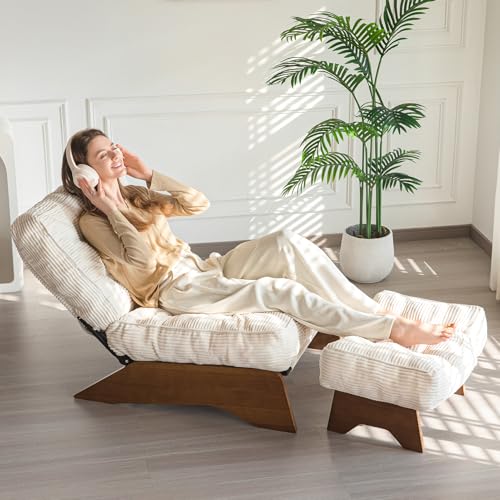Image of MAXYOYO Accent Chair with Ottoman, Lounge Chair with Adjustable Backrest | Tufted Living Room Chair Upholstered Lounge Chair with Footrest Set, Modern Chair for Reading Room, Beige