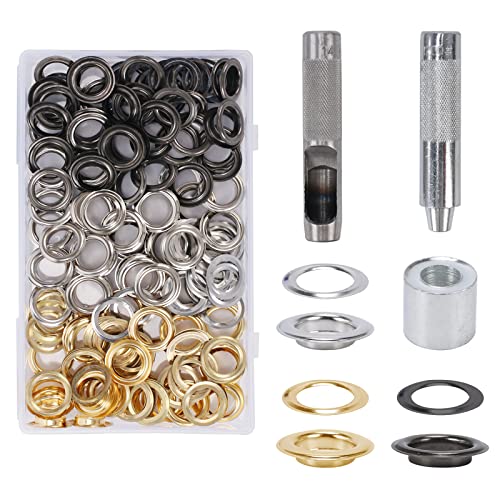 HO2NLE 124 Pcs Ojetes Metalicos 14 mm Kit de Herramientas de Ojales de Arandelas de Tricolor para Manualidades de Zapatos, Ropa, Bolsa de Lona, Toldos (Oro, Plata, Negro Pistola) Cover