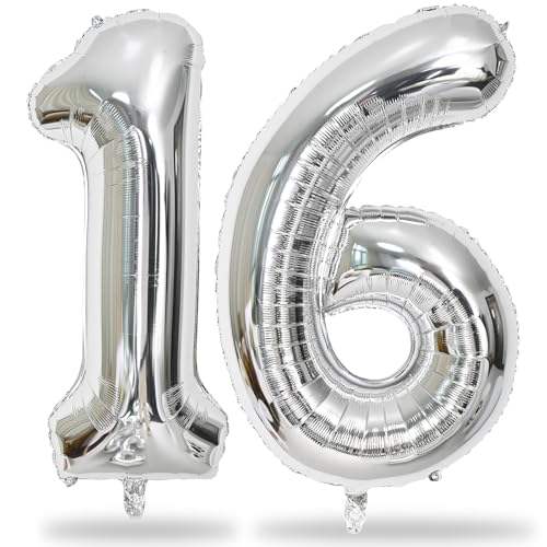 Image of Silver 16th Birthday Balloons for Boys, 40 Inch Mylar Self Inflating 16 Balloon Number, Big Foil 1 and 6 Helium 16 Balloons for Women Men Girls Birthday Party Decorations Anniversary Decor Supplies
