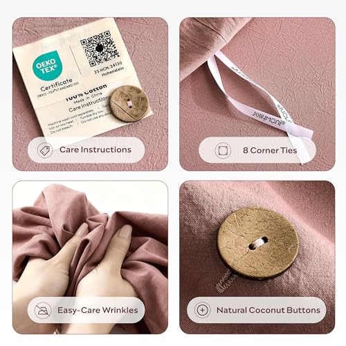 Image of JELLYMONI 100% Washed Cotton Duvet Cover King - Soft, Breathable Linen-Look Bedding with Natural Wrinkle Texture, Button Closure, 3-Piece Set (Darker Rose, 104 inchx90 inch)