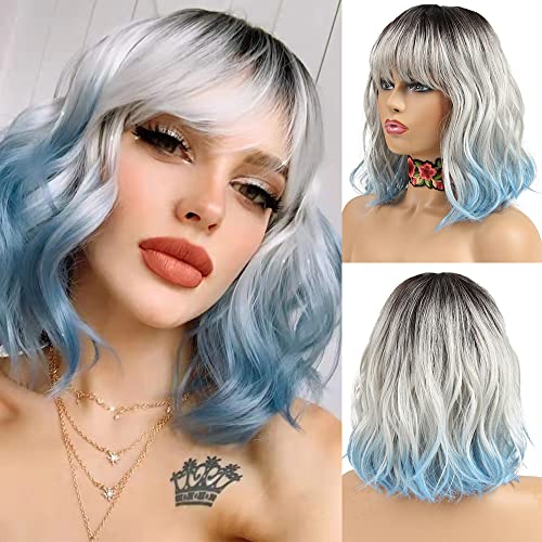 NOBLE Blue Short Bob Curly Wig With Bangs for White Women - Color...