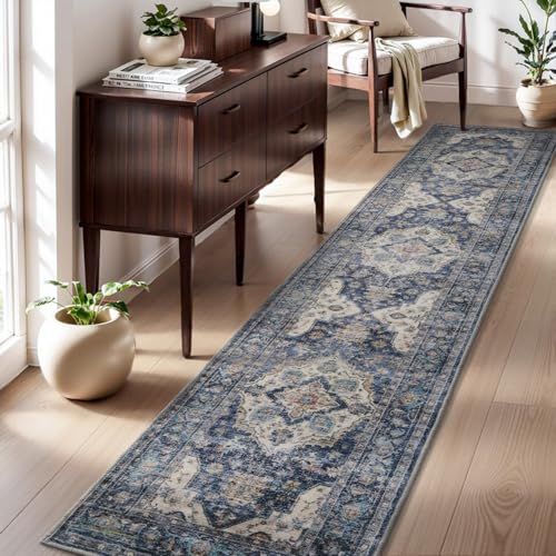 AMOAMI-2X10 Runner Rug-Washable Runners for Hallways-Soft Non Slip Bedside Rugs for Bedroom-Vintage Long Rug for Hallways Entryway Laundry Room Stair Kitchen Bathroom Blue Blue 2' x 10' (Rec