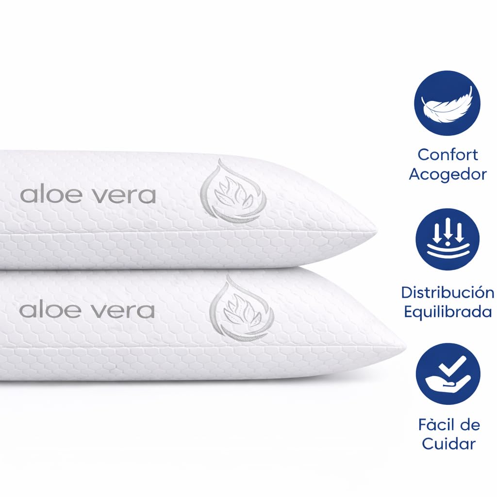 Dear Friend | 2 Almohadas Viscoelásticas 50x70 cm Memory Foam Adapatable Cuello y Termorreguladoras – Almohada Viscoelástica Aloe Vera Transpirable Doble Fundas desenfundables y núcleo viscoelástico