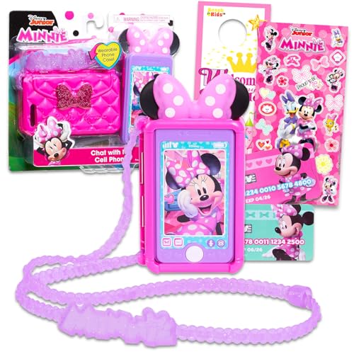 Minnie Mouse Toy Phone Set- Bundle of Disney Cell Toy with Sound Buttons Wearable Case Stickers More | Minnie Mouse Smart Phone for Toddler Girls