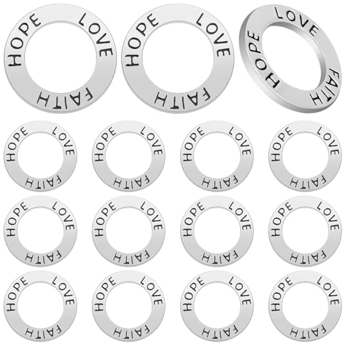 JMKTOOL 15pcs 19 mm Antique Silver Circle Inspirational Message Charm Connectors Round Engraved “Hope Love Faith” Pendant Links for DIY Necklace Bracelet Keychains Jewelry Making