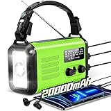 Kurbelradio, Solar Notfallradio mit 20000mAh Powerbank, AM/FM/WB Wetterradio, Taschenlampe & USB-C-Ladegerät, SOS-Alarm, Kompass, wasserdicht für Outdoor, Camping, Notstromausfall, Grün