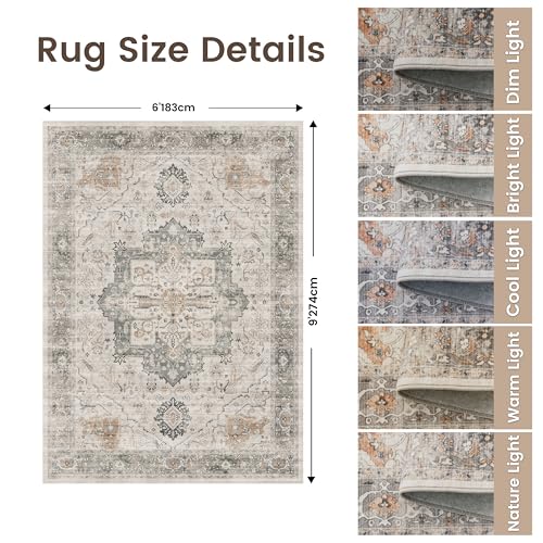 Rugland 6x9 Area Rugs - Stain Resistant Washable Rug, Anti Slip Rugs for Living Room, Vintage Tribal Area Rugs(Medallion 01-Taupe/Grey, 6'x9')
