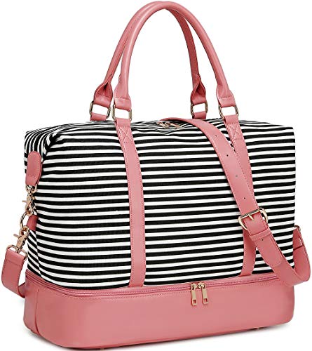 BLUBOON Weekender Overnight Bag Women Ladies Carry-on Tote Canvas Travel Duffle Bag with Shoe Compartment in Trolley Sleeve (289 Pink -black stripe)