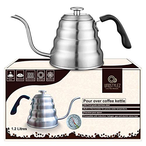 Gooseneck Tea Kettle Stovetop 12L- 40fl oz with Thermometer for Pour Over Coffee Brewing - 304 Stainless Steel-Tripple Layer Induction Base Chemex Kettle - Swan Necked Teakettles-Thin Spout Pouring