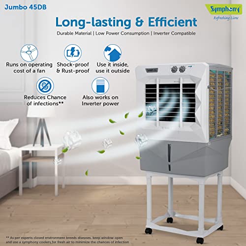 Image of Symphony Jumbo 45 DB Desert Air Cooler For Home with Aspen Pads, Powerful Double Blower, Cool Flow Dispenser and Free Trolley (41L, Grey)