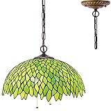 WERFACTORY Tiffany Pendant Light Fixture Green Wisteria Stained Glass Hanging Lamp Wide 16 Inch, Height 40 Inch S523 Series