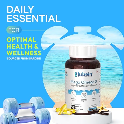 Image of Blubein Mega Omega 3 Fish Oil Capsules For Men & Women,Triple Strength With 1250 Mg (450 Mg Epa & 300 Mg Dha) For Muscle Recovery,Healthy Heart,Joints & Brain - 60 Capsules X Pack Of 2,2 Count