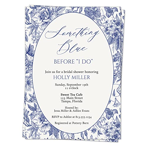 Bridal Shower Invitation Something Blue Classy Classic Vintage Floral Victorian Before I Do Wedding Shower Antique Customized Personalized Printed Cards (12 Count)