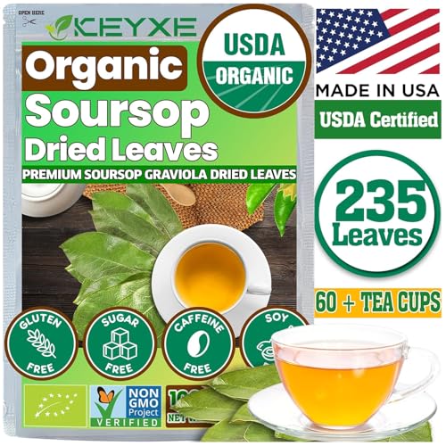 USDA Organic Soursop Graviola Dried Leaves Tea, Non-GMO Verified , 235-260 Whole Soursop Leaves, Wildcrafted, Graviola Tea, Guanabana Tea, Hoja Guanabana, Soursop Loose Leaf Herbal Tea, Hojas de Guanabana, te de graviola ,No Gluten, Vegan